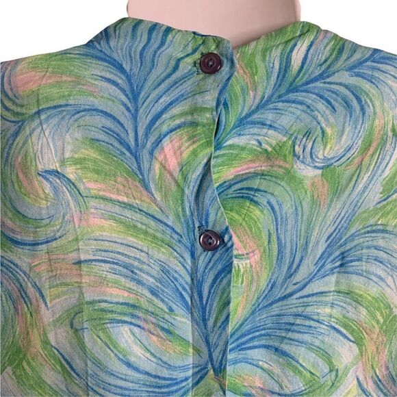 Vintage Embroidered Neck Long Sleeve Blouse S Blue Peacock Button Back Ruffle - Picture 4 of 4